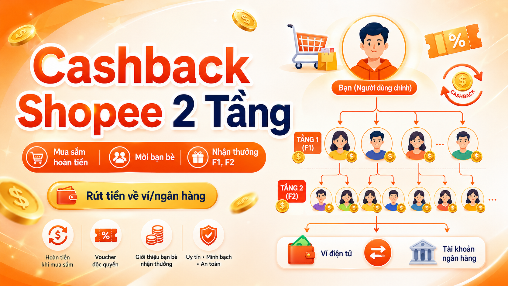Cashback Shopee là gì? Hướng dẫn nhận hoàn tiền mua sắm 2 tầng F1, F2